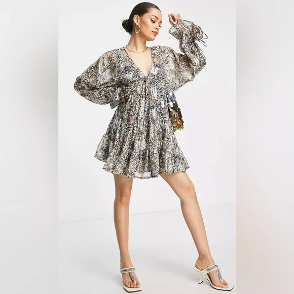 ASOS DESIGN Petite mini smock dress ditsy printed jacquard chiffon - Picture 1 of 5